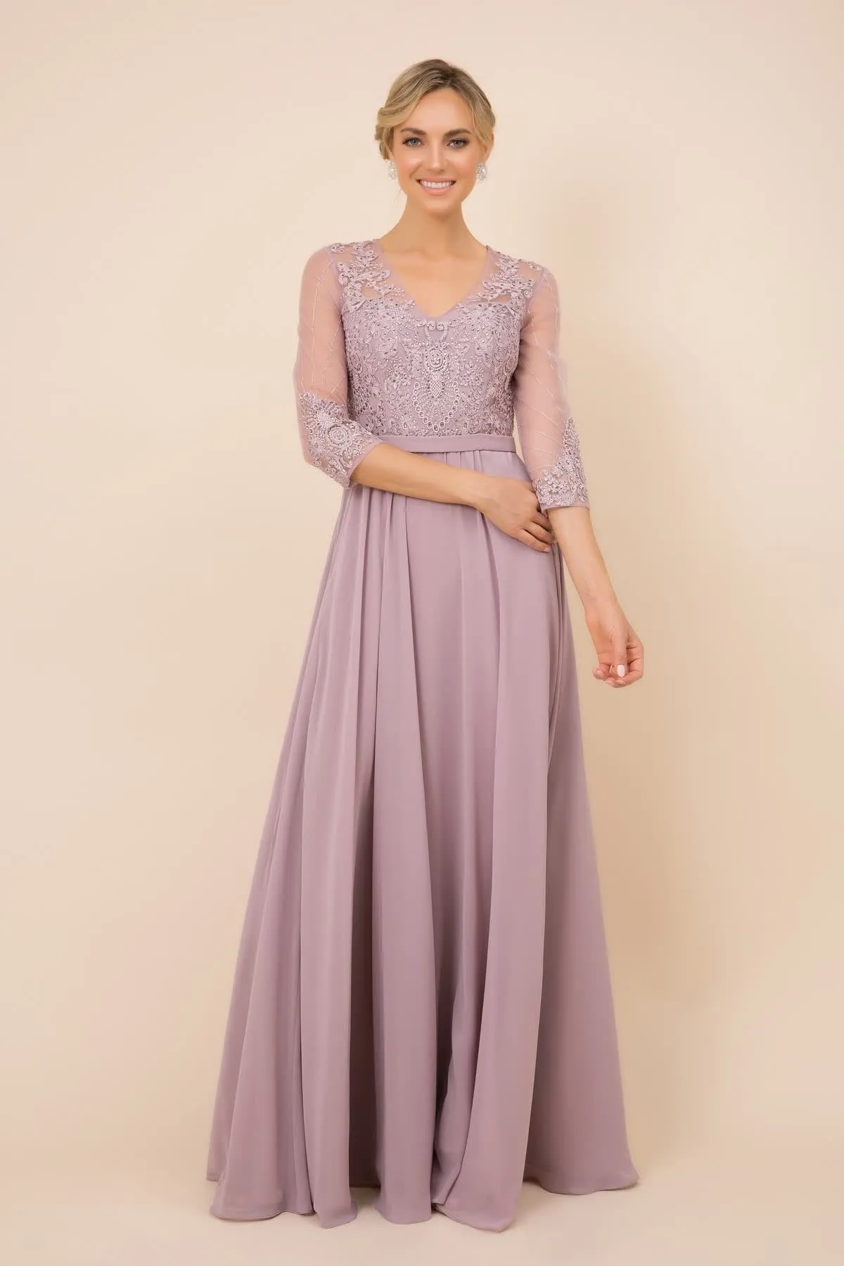 V-Neck Dress, Long, Embroidered Bodice, 3/4 Sleeves