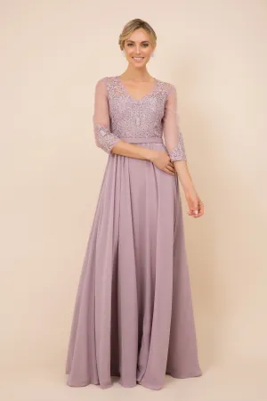 V-Neck Dress, Long, Embroidered Bodice, 3/4 Sleeves