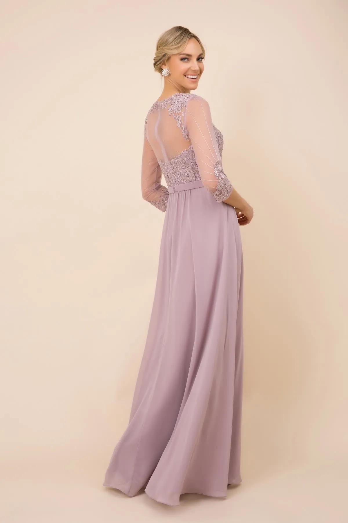 V-Neck Dress, Long, Embroidered Bodice, 3/4 Sleeves