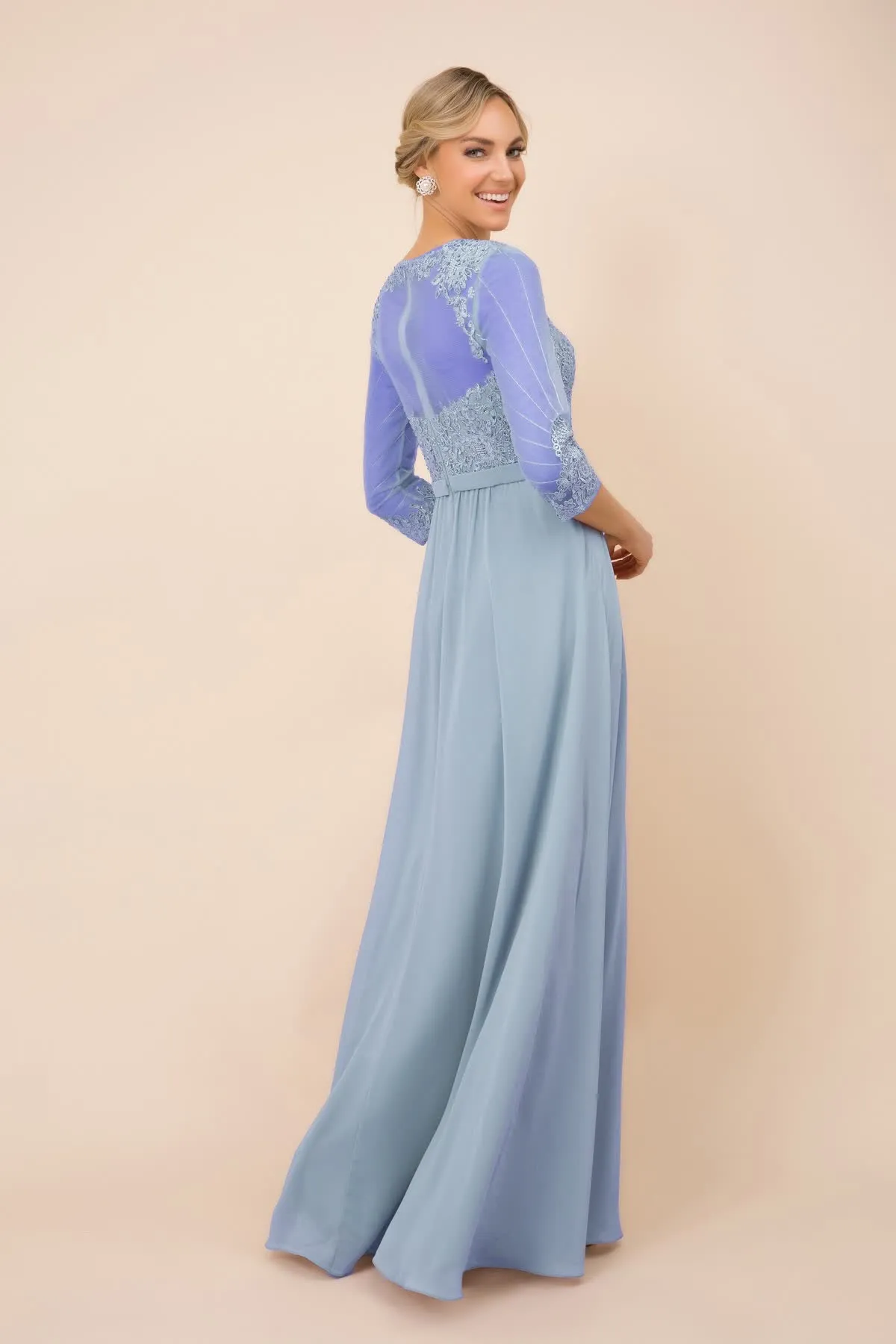 V-Neck Dress, Long, Embroidered Bodice, 3/4 Sleeves