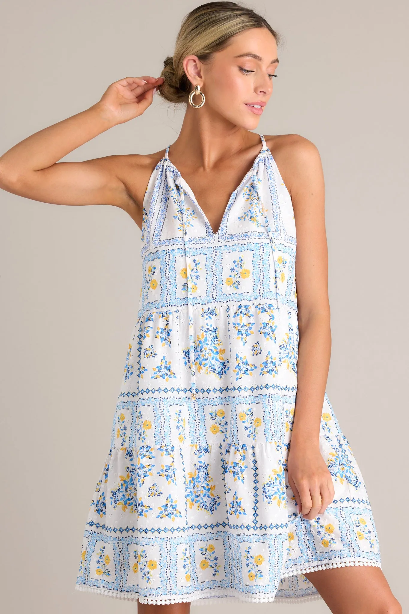 Whispering Meadows White & Blue Embroidered Mini Dress