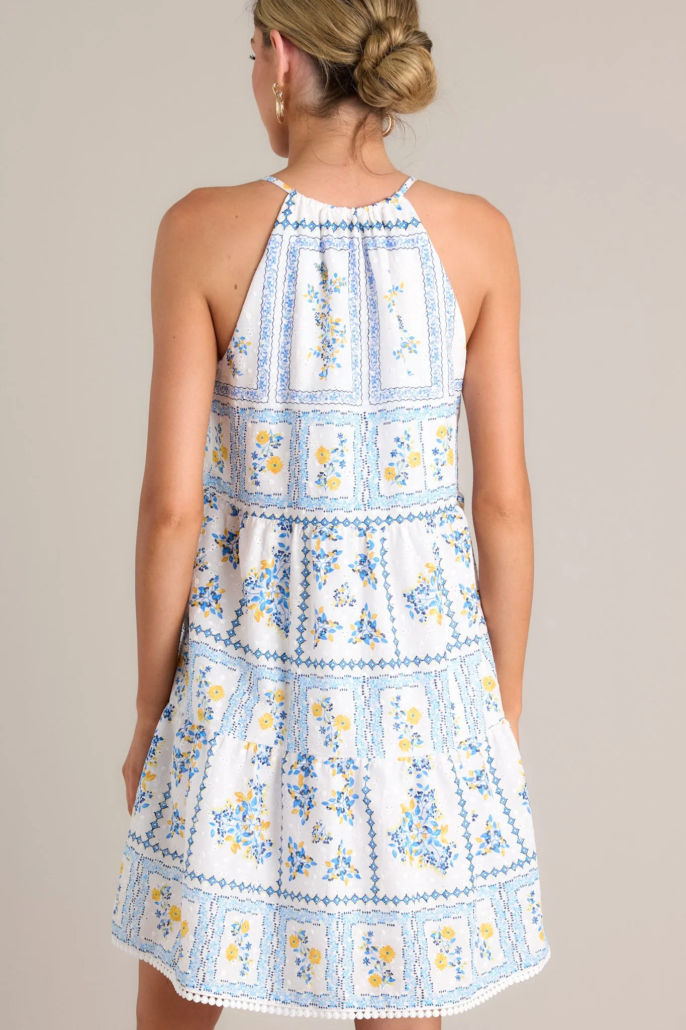 Whispering Meadows White & Blue Embroidered Mini Dress