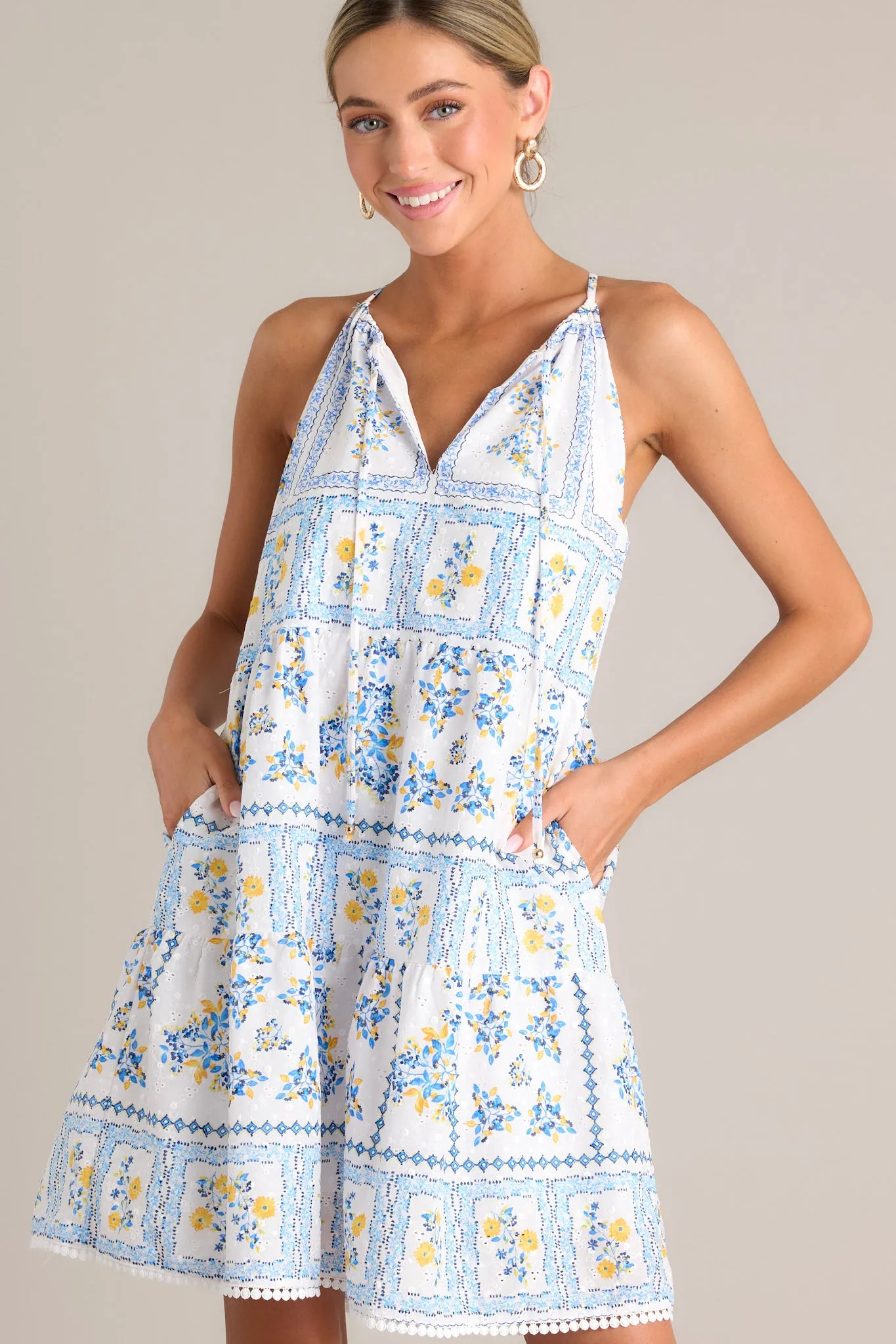 Whispering Meadows White & Blue Embroidered Mini Dress