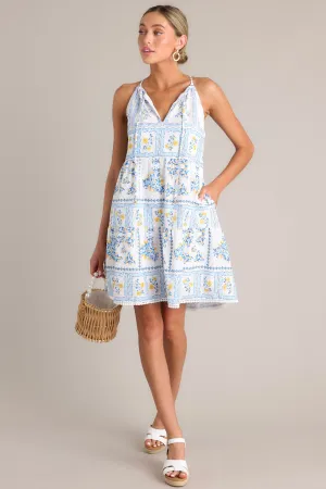 Whispering Meadows White & Blue Embroidered Mini Dress