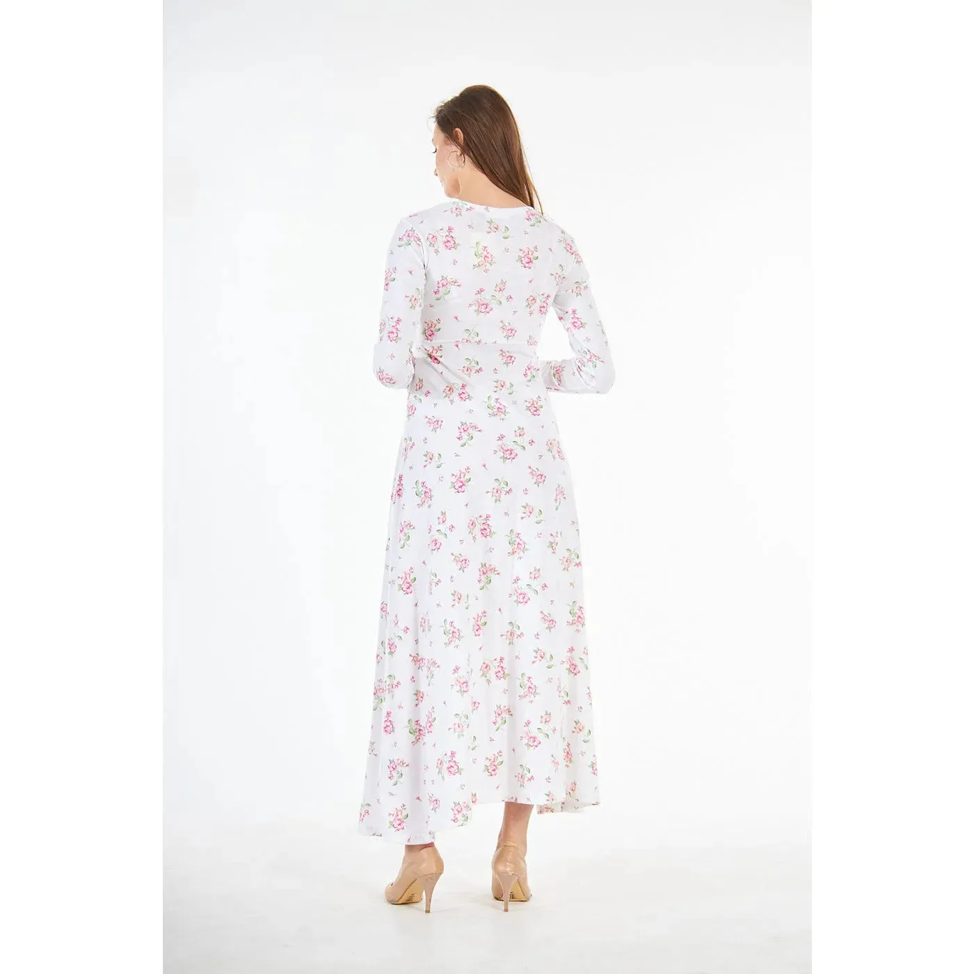 White Double Breasted Floral Long Dress