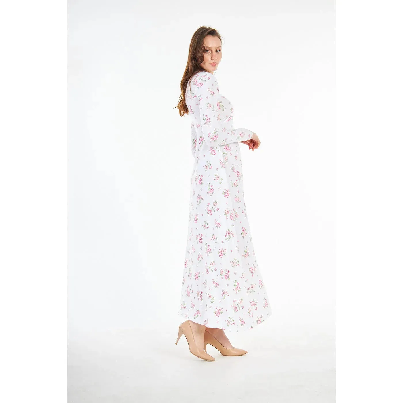 White Double Breasted Floral Long Dress