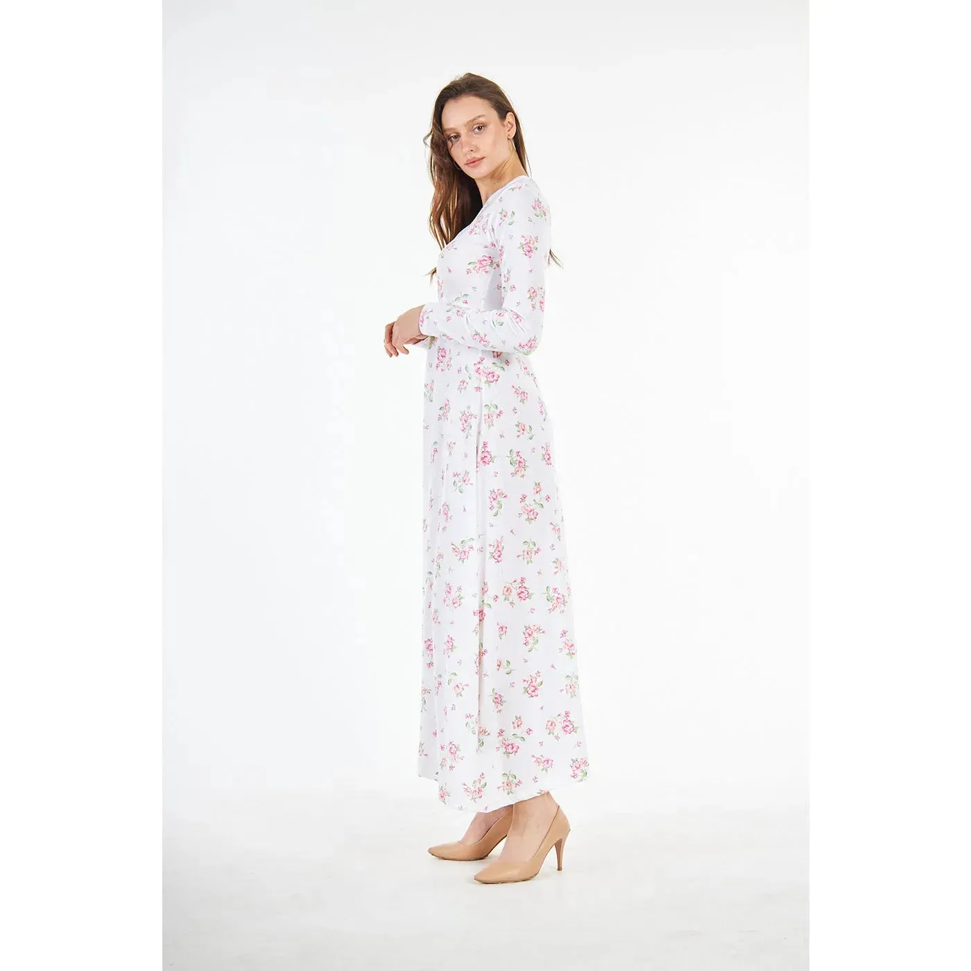 White Double Breasted Floral Long Dress
