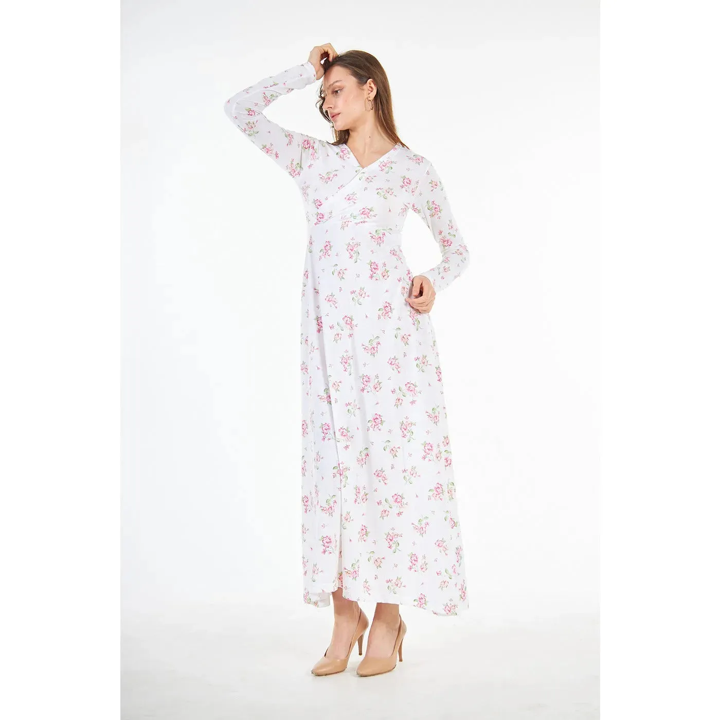 White Double Breasted Floral Long Dress