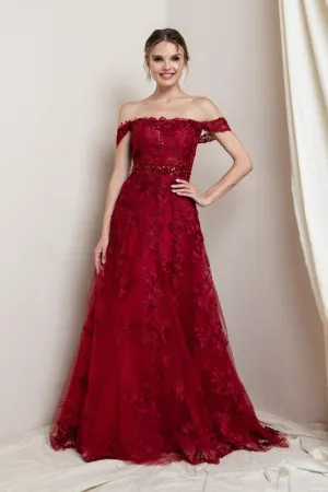 Wine Off The Shoulder Lace Embroidered Maxi