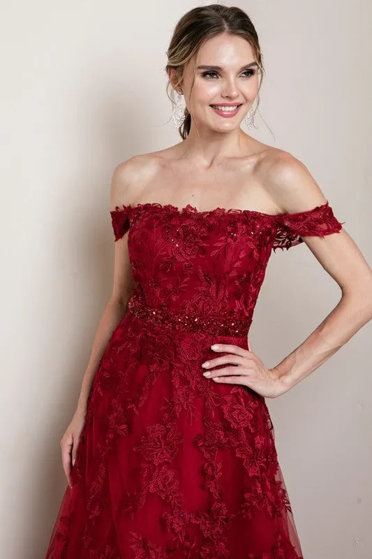 Wine Off The Shoulder Lace Embroidered Maxi