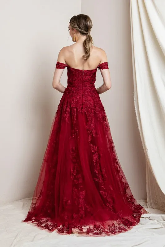 Wine Off The Shoulder Lace Embroidered Maxi