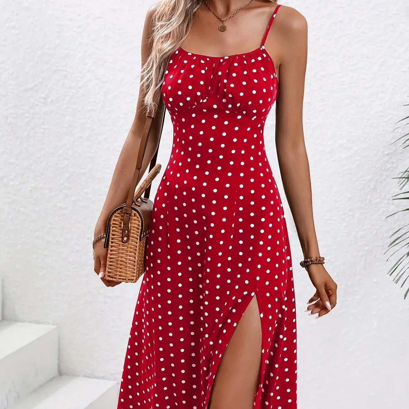 Womens Floral Print Spaghetti Straps Square Neck Split Thigh Summer Boho Dress