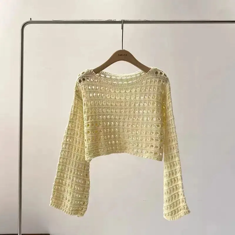 Womens Long Sleeve Crochet Crop Knitted Pullover Wool Top