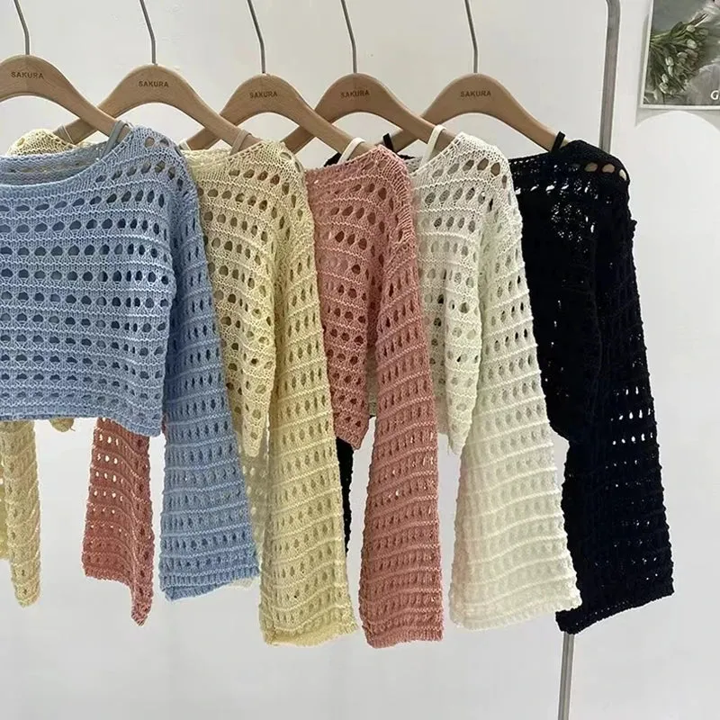 Womens Long Sleeve Crochet Crop Knitted Pullover Wool Top