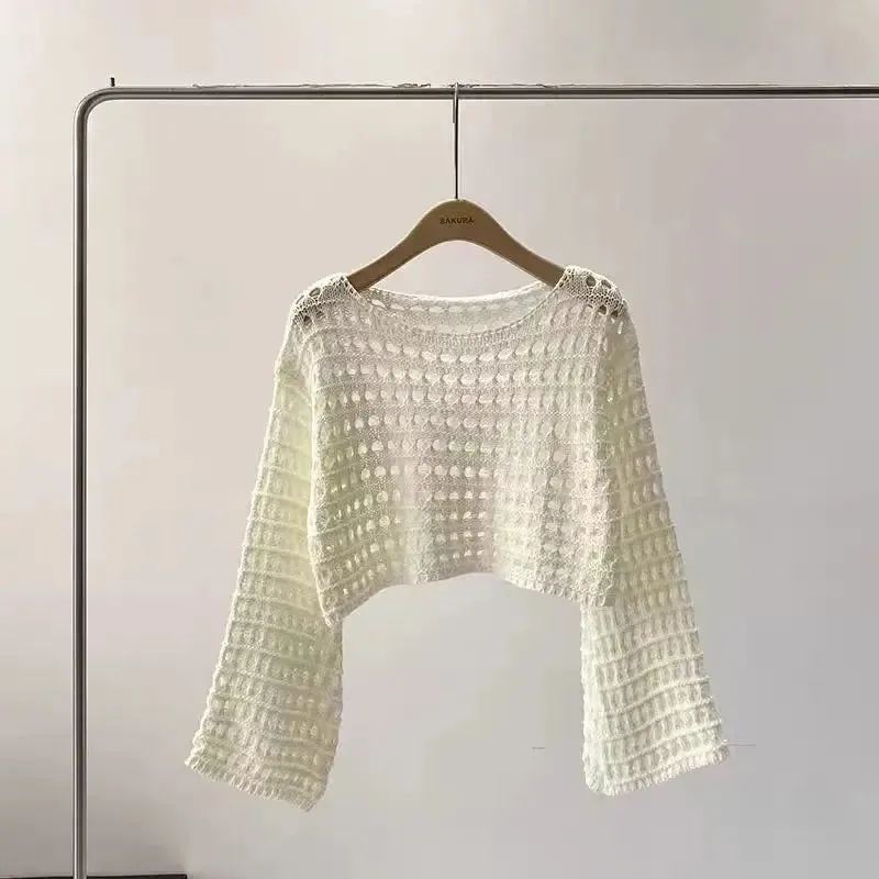 Womens Long Sleeve Crochet Crop Knitted Pullover Wool Top
