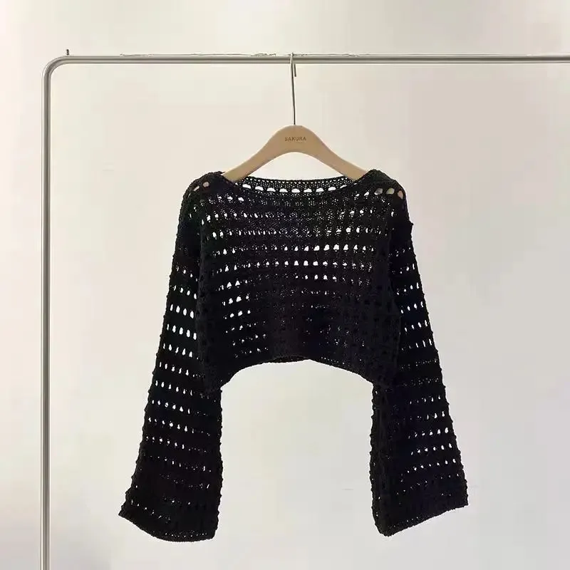 Womens Long Sleeve Crochet Crop Knitted Pullover Wool Top