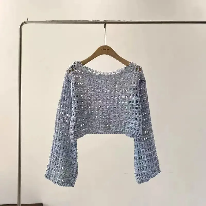 Womens Long Sleeve Crochet Crop Knitted Pullover Wool Top