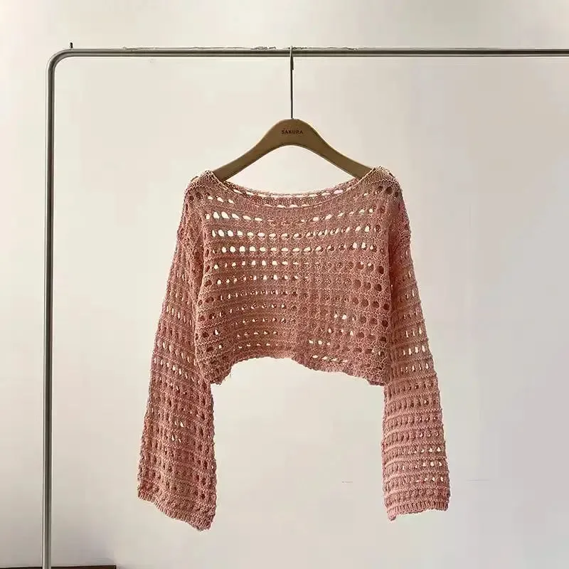 Womens Long Sleeve Crochet Crop Knitted Pullover Wool Top