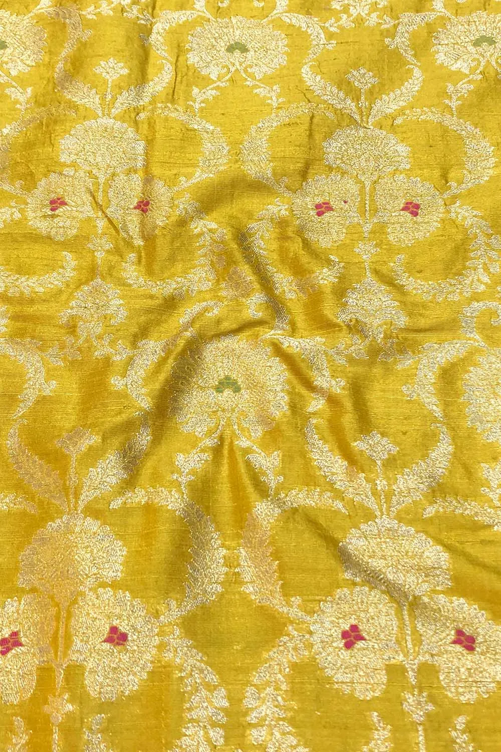 Yellow Banarasi Pure Raw Silk Meenakari Fabric ( 1 Mtr )