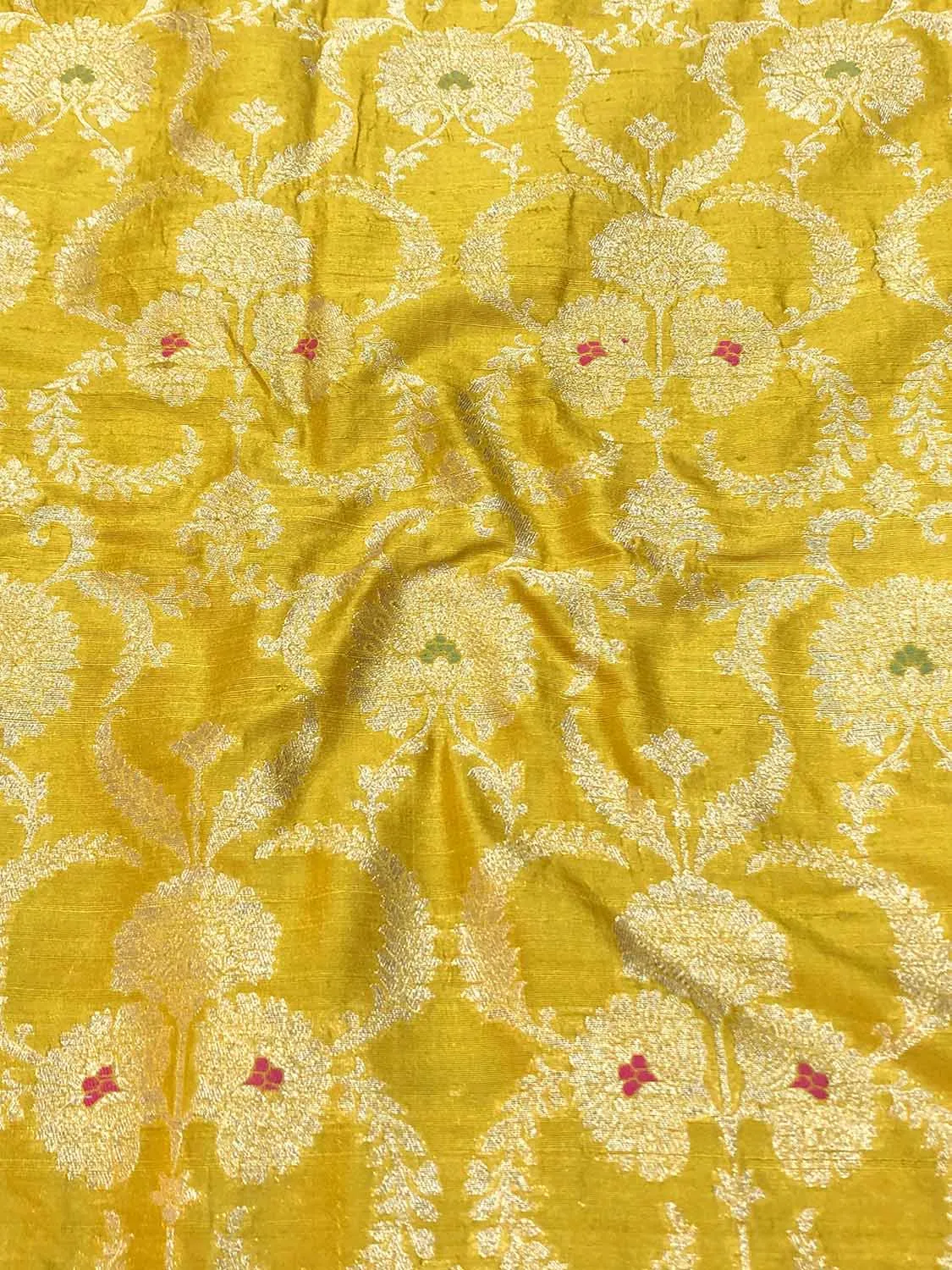 Yellow Banarasi Pure Raw Silk Meenakari Fabric ( 1 Mtr )